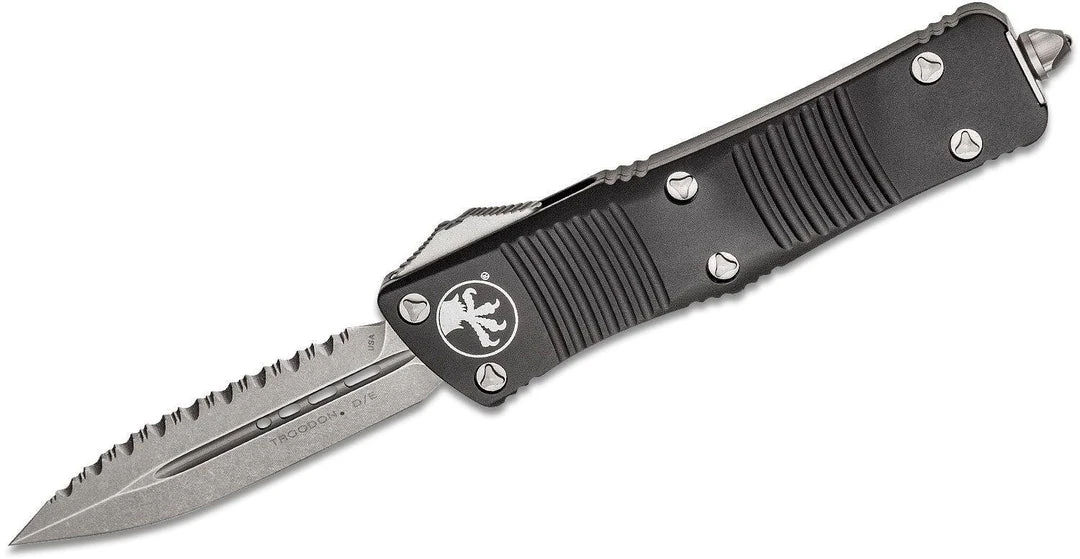 All Knife Brands Microtech 138-12 Troodon D/E F/S - Black Handle - Full Serrations - Stonewash Blade 3 All Knife Brands Microtech 138-12 Troodon D/E F/S - Black Handle - Full Serrations - Stonewash Blade
