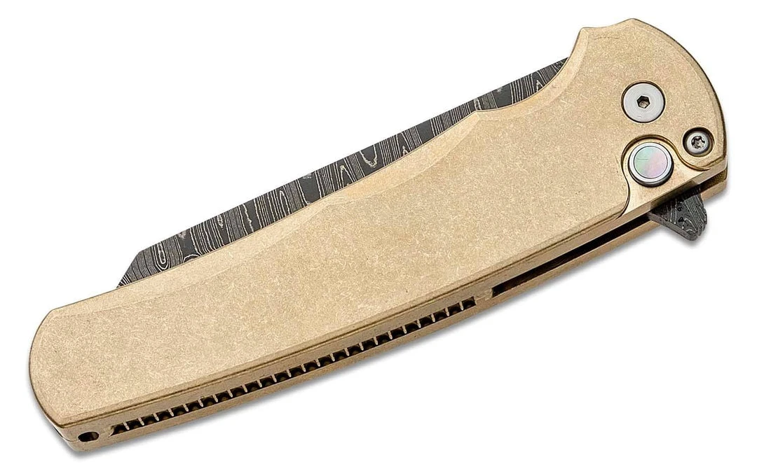 PROTECH KNIVES All Knife Brands Pro-Tech Limited Edition Malibu Flipper Damascus Reverse Tanto Blade, Bronze Handles 4 PROTECH KNIVES All Knife Brands Pro-Tech Limited Edition Malibu Flipper Damascus Reverse Tanto Blade, Bronze Handles